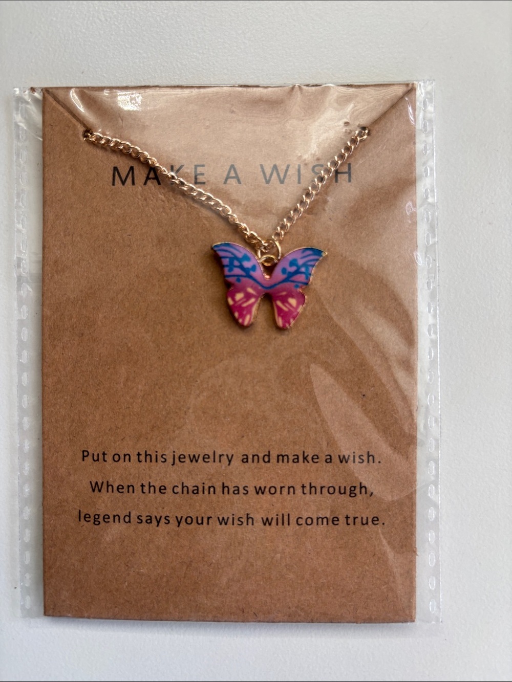 Gold-Tone Butterfly Necklace with Pink & Blue Enamel